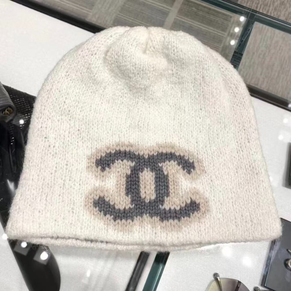 Chanel Intarsia CC Logo Knit Beanie in White